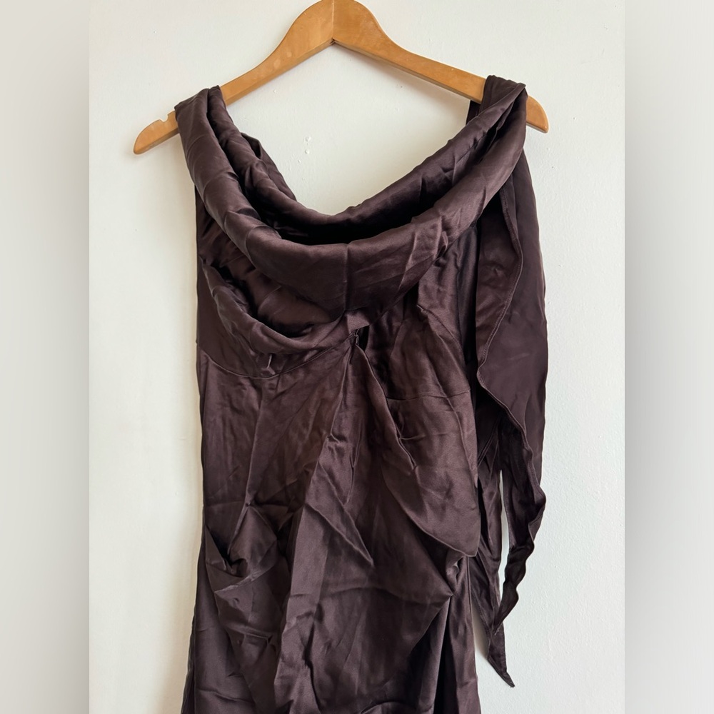 One-Shoulder 100% Silk Satin Evening Gown in Chocolate Brown - Picture 9 of 12